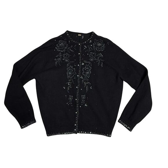 Vintage 1980s Wool Cardigan Sweater Women's EU 38 Black Floral Beadwork Evening - Picture 8 of 8